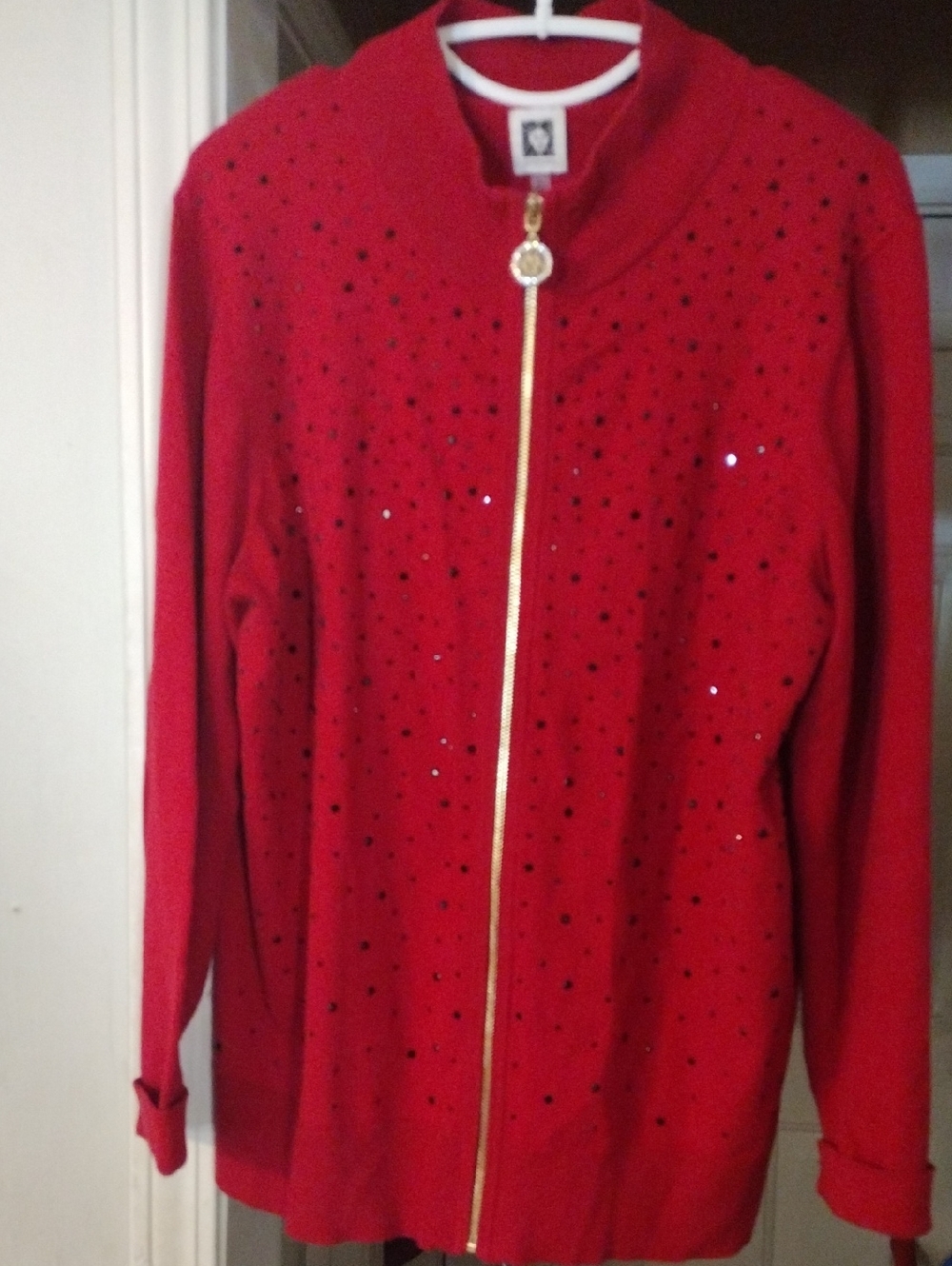 Anne Klein red jeweled zip-front sweater jacket
